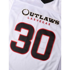 Men's #30 Embroidered Football Jersey - Breathable White Sports Shirt with V-Neck, Striped Sleeves for Outdoor Activities & Parties, Sizes S-XXXL, Outdoor Party Attire|Striped Sports Shirt|Polyester Fiber Jersey, Football Accessories