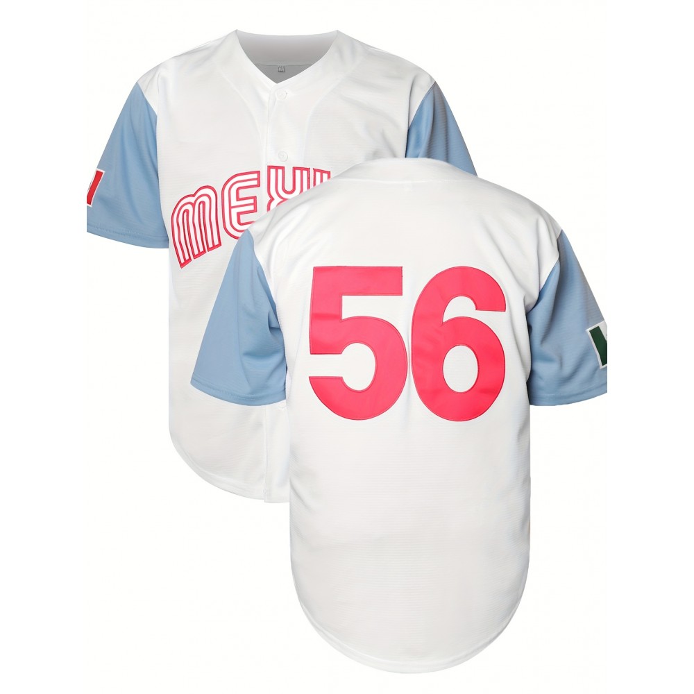 Men's Classic #56 Embroidered Baseball Jersey, Breathable Polyester, V-Neck, Short Sleeve - Ideal for Training & Competition, Machine Washable, White with Blue Accents Men's Classic #56 Embroidered Baseball Jersey, Breathable Polyester, V-Neck, Short Sleeve - Ideal for Training & Competition, Machine Washable, White with Blue Accents