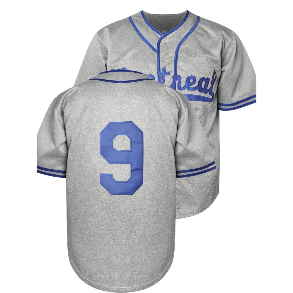 1pc Men'S Polyester V-Neck Baseball Jersey with Embroidered #9 and Montreal - Loose-Fit Knit Top for Sports, Casual, and Party Wear - All-Season Button Short Sleeve Shirt for Adults 1pc Men'S Polyester V-Neck Baseball Jersey with Embroidered #9 and Montreal - Loose-Fit Knit Top for Sports, Casual, and Party Wear - All-Season Button Short Sleeve Shirt for Adults