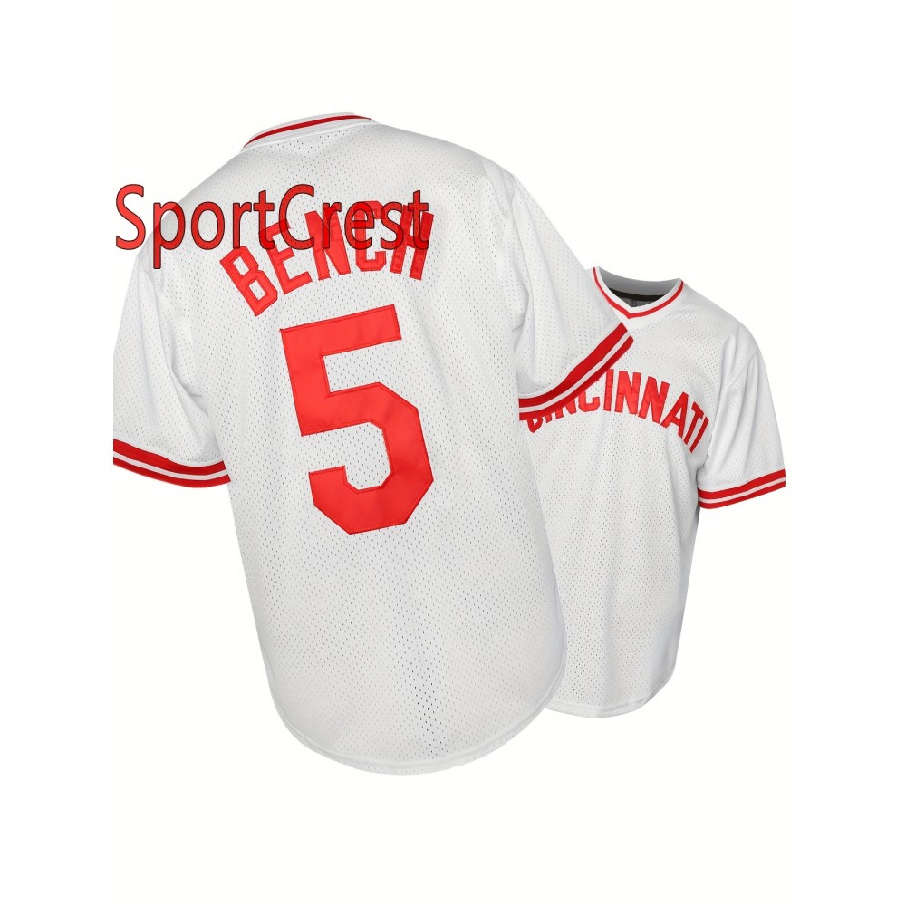 Men's Retro Baseball Jersey - White #5 Embroidered Cincinnati Team Name & Red Stitching, Loose Fit V-Neck Button-Up Short Sleeve, All-Season Machine Washable Polyester Shirt for Sports, Casual & Holidays (Sizes S-3XL), Best for Christmas Men's Retro Baseball Jersey - White #5 Embroidered Cincinnati Team Name & Red Stitching, Loose Fit V-Neck Button-Up Short Sleeve, All-Season Machine Washable Polyester Shirt for Sports, Casual & Holidays (Sizes S-3XL), Best for Christmas