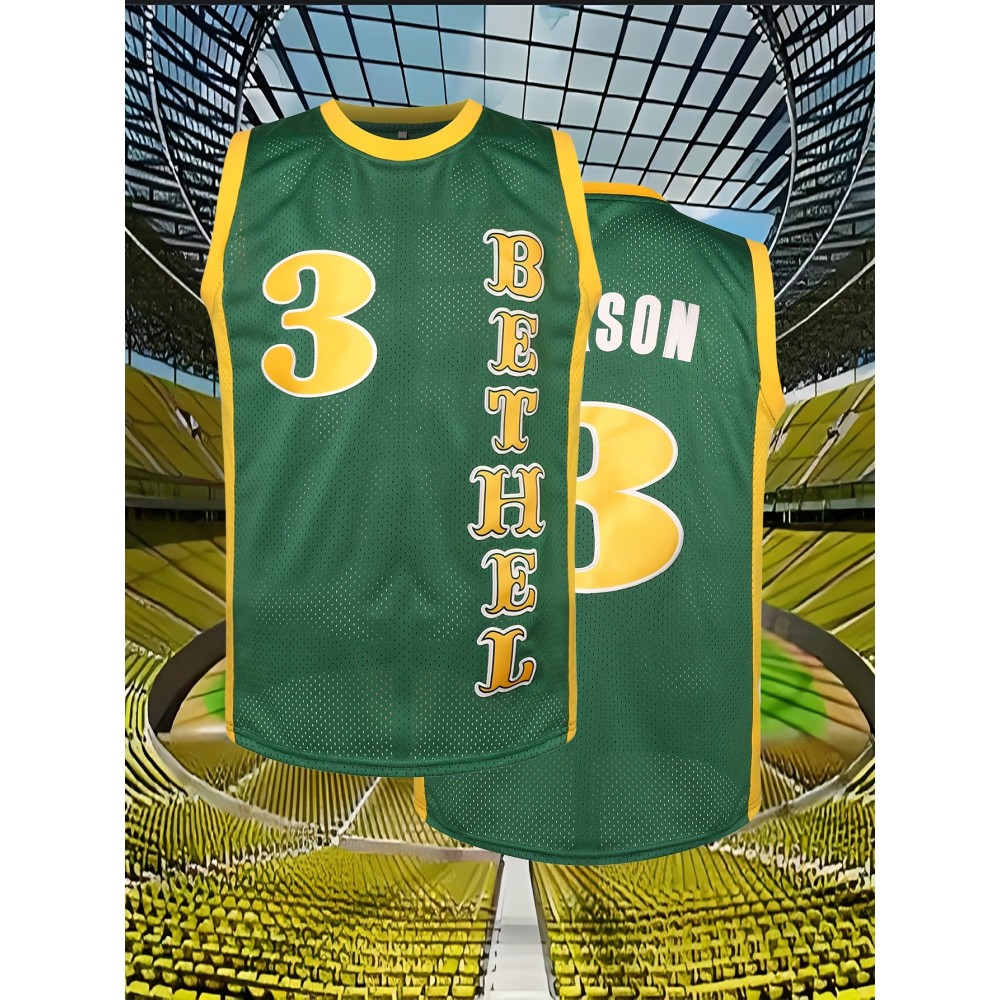 Men's #3 Green & Yellow Basketball Jersey - Breathable Polyester, Men's #3 Green & Yellow Basketball Jersey - Breathable Polyester,