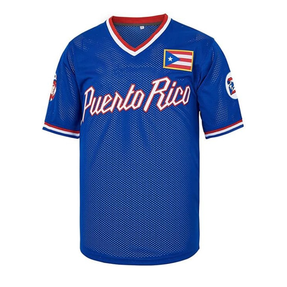 21 Puerto Rico baseball jersey button up shirt men's jersey embroidered men's jersey retro short sleeved V-neck casual sportswear loose game and party
