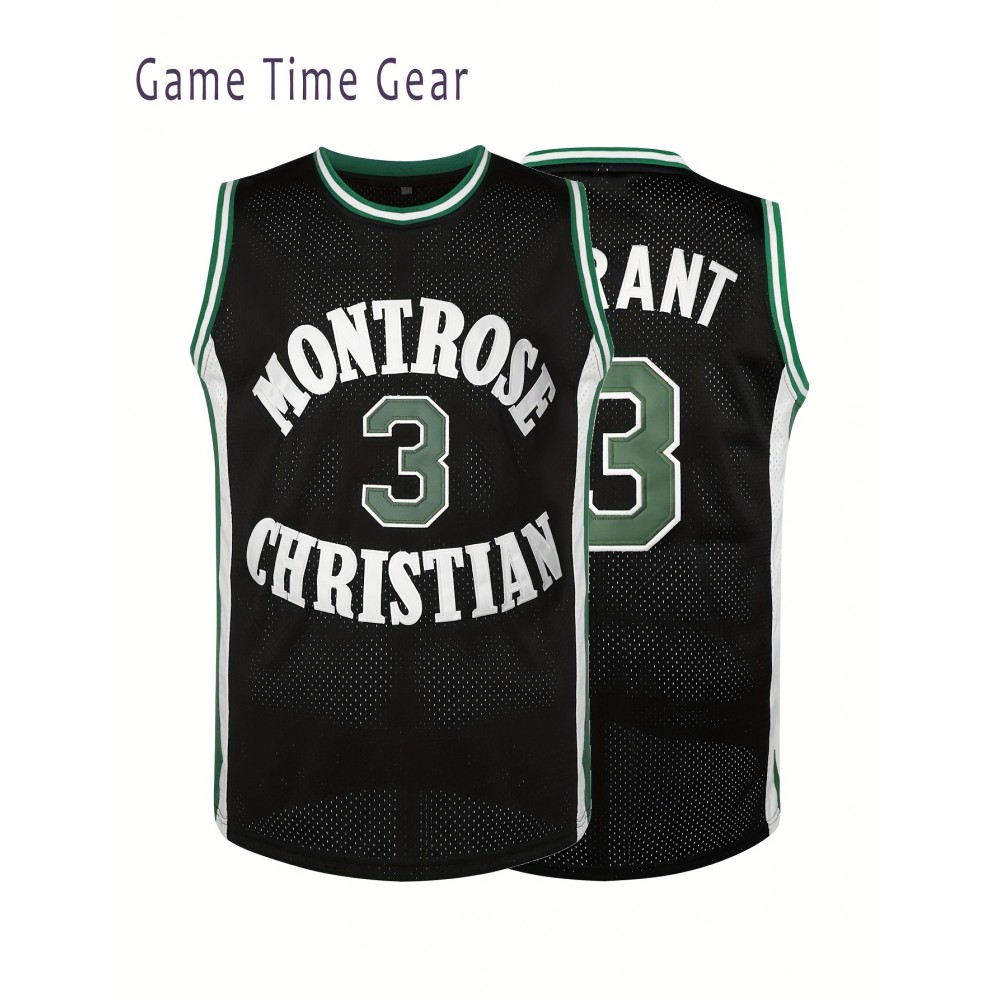 Men's #3 Montrose Christian Basketball Jersey - Black, Embroidered Green & White, Sleeveless Sportswear for Training & Competition, Breathable Mesh Fabric, Ideal for Spring-Autumn, Sizes S-XXXL