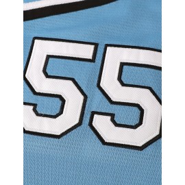 Men's #55 Blue Embroidered Baseball Jersey - V-Neck, Short Sleeve, Lightweight Polyester, Button-Up Shirt with 