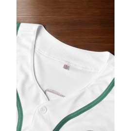 Men'S Polyester Baseball Jersey, Mexico Embroidered V-Neck Button-Up Shirt, Sports Style, Slight Stretch Fabric, for Casual, Training, Baseball, and Party Events, Four Seasons Wear for Adults and Teens