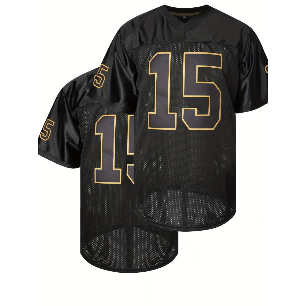 Men's #15 Embroidered Black Football Jersey - V-Neck, Breathable Mesh & Polyester, Short Sleeve Sports Shirt for Parties, Outdoor Activities & Casual Wear, Sizes S-XXXL, Outdoor Activewear|Embroidered Sports Shirt|Quality Embroidery Men's #15 Embroidered Black Football Jersey - V-Neck, Breathable Mesh & Polyester, Short Sleeve Sports Shirt for Parties, Outdoor Activities & Casual Wear, Sizes S-XXXL, Outdoor Activewear|Embroidered Sports Shirt|Quality Embroidery
