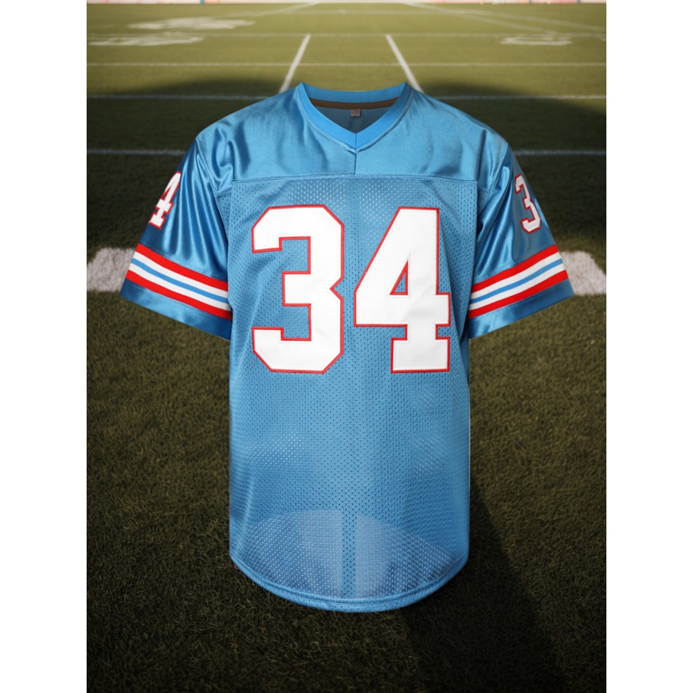 1pc Men'S Vintage Blue #34 Embroidered Polyester Sports Jersey - Breathable V-Neck Short Sleeve Top for Training, Casual Wear & Football Events, Slight Stretch Knit Fabric, Four Seasons 1pc Men'S Vintage Blue #34 Embroidered Polyester Sports Jersey - Breathable V-Neck Short Sleeve Top for Training, Casual Wear & Football Events, Slight Stretch Knit Fabric, Four Seasons