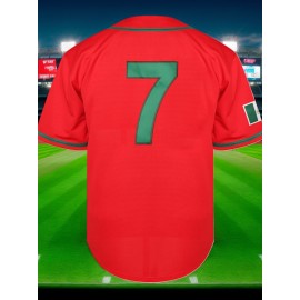 Men's #7 Red Embroidered Baseball Jersey - V-Neck, Short Sleeve, Loose Button-Up Shirt, Comfortable Polyester Fabric, Ideal for Training & Games, Training Apparel|Embroidered Shirt|Comfortable Fit