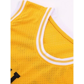 Men's #14 Basketball Jersey, Yellow Retro Crew Neck Tank Top, Letters and Numbers Hand Embroidered Patchwork Breathable Sleeveless Shirt