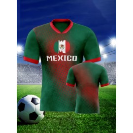 Women's Large Size Professional Sports Fabric Creative Pattern Print Mexico Home Soccer Jersey T-shirt, Soccer Jersey Flag Uniforms Shirts Breathable And Lightweight, Moisture-Wicking, As Gifts For Sports Fans