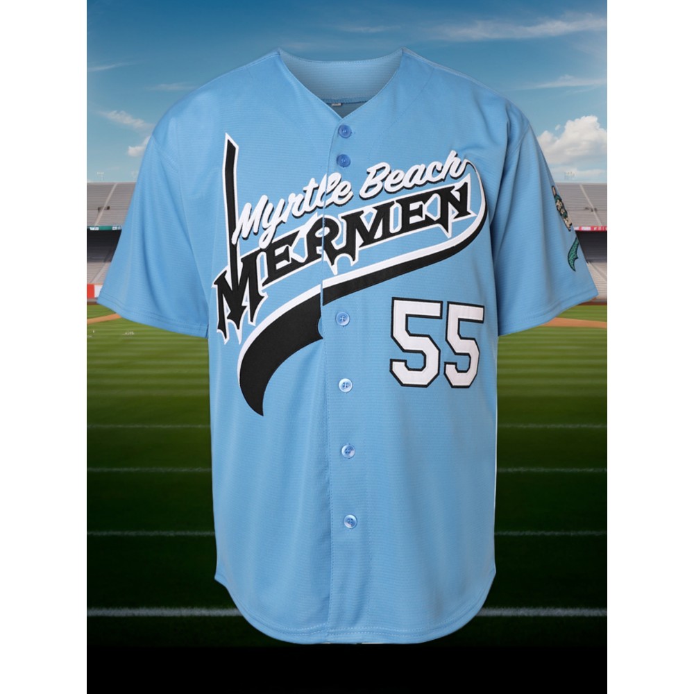 Men's #55 Blue Embroidered Baseball Jersey - V-Neck, Short Sleeve, Lightweight Polyester, Button-Up Shirt with Men's #55 Blue Embroidered Baseball Jersey - V-Neck, Short Sleeve, Lightweight Polyester, Button-Up Shirt with