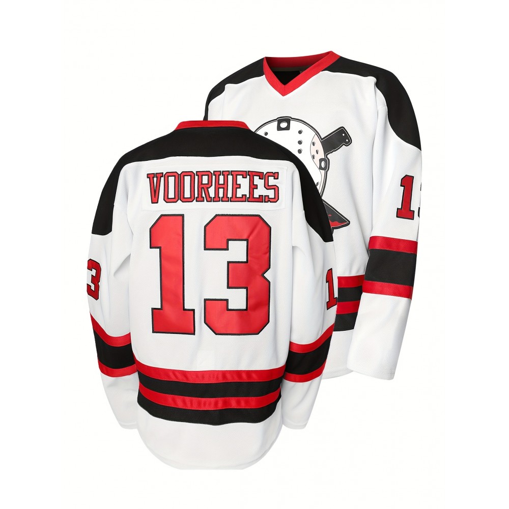 1pc Men'S Ice Hockey Jersey - #13 Voorhees Embroidered Polyester Sports Top, V-Neck Long Sleeve Loose-Fit, Slight Stretch Knit Fabric, for Party, Sports Events, Casual & Outdoor Activities - Four Seasons 1pc Men'S Ice Hockey Jersey - #13 Voorhees Embroidered Polyester Sports Top, V-Neck Long Sleeve Loose-Fit, Slight Stretch Knit Fabric, for Party, Sports Events, Casual & Outdoor Activities - Four Seasons