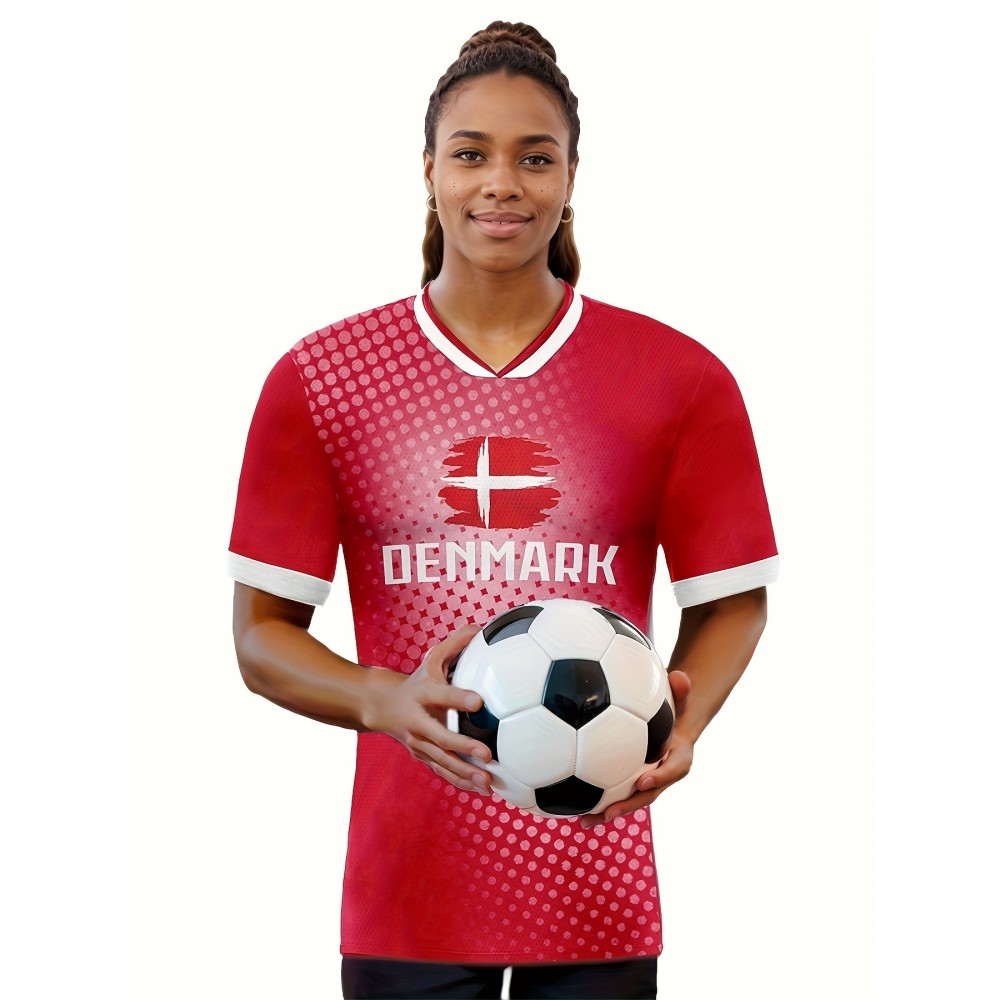 Women's Large Size Professional Sports Fabric Creative Pattern Print Denmark Home Soccer Jersey T-shirt, Soccer Jersey Flag Uniforms Shirts Breathable And Lightweight, Moisture-Wicking, As Gifts For Sports Fans
